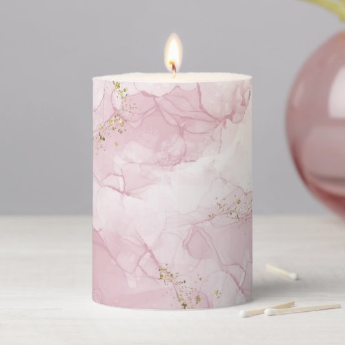 Pink Blush Agate with Gold Elegant Unique Marble Pillar Candle