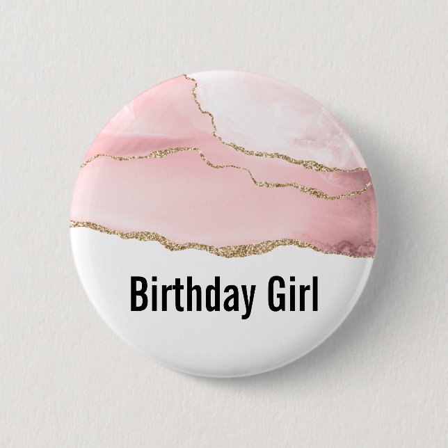 Pink Blush Agate with Gold Ribbon Birthday Girl Button (Front)