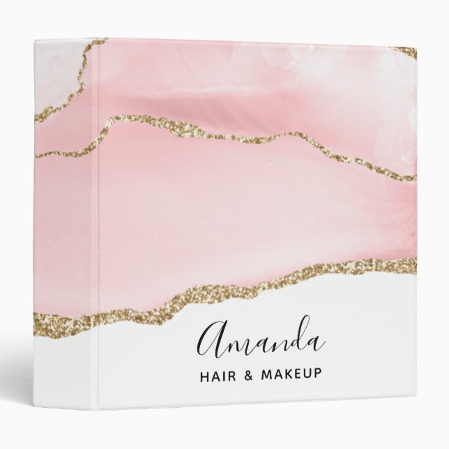Pink Blush Agate with Gold Ribbon Elegant 3 Ring Binder (Front/Spine)