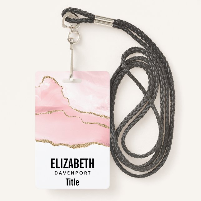 Pink Blush Agate with Gold Ribbon Elegant Badge (Front with Lanyard)