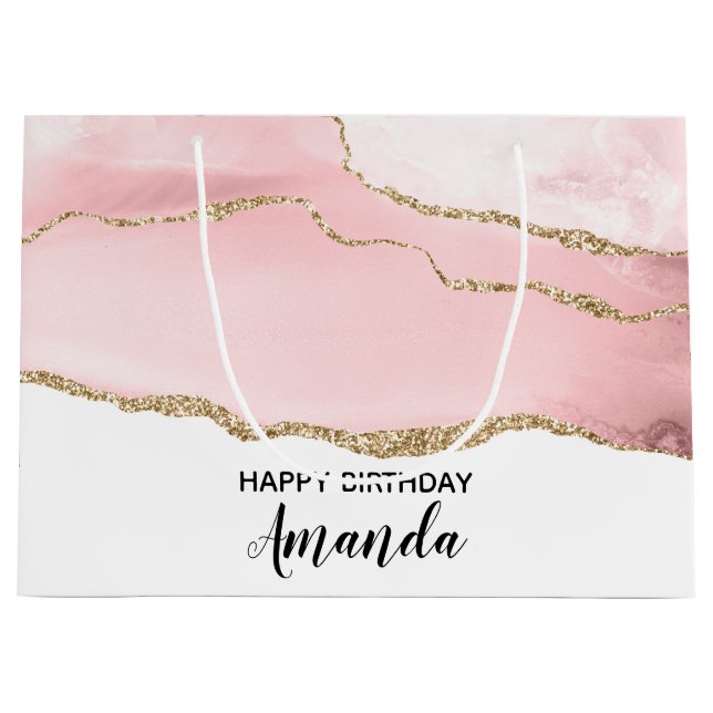 Pink Blush Agate with Gold Ribbon Elegant Birthday Large Gift Bag (Front)