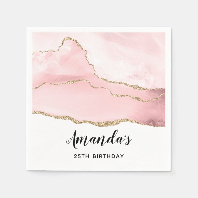 Pink Blush Agate with Gold Ribbon Elegant Birthday Napkins (Front)
