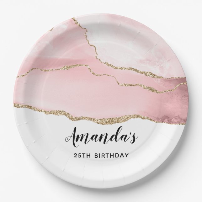 Pink Blush Agate with Gold Ribbon Elegant Birthday Paper Plates (Front)