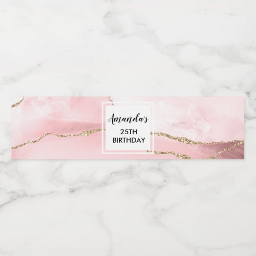 Pink Blush Agate with Gold Ribbon Elegant Birthday Water Bottle Label