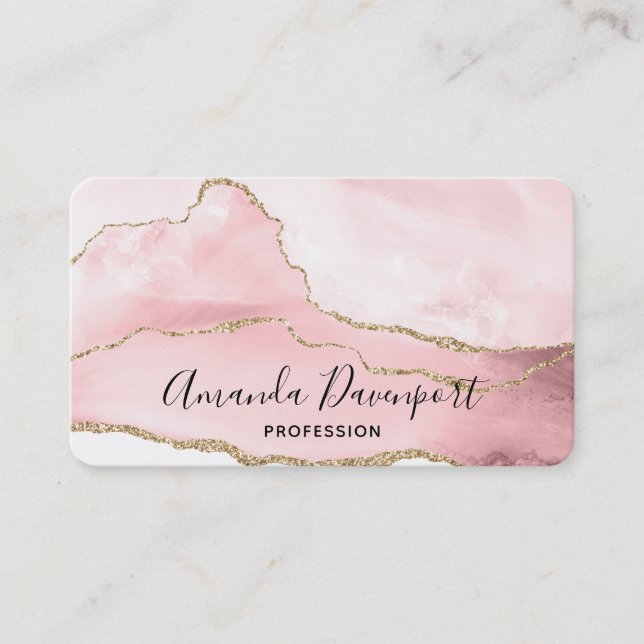 Pink Blush Agate with Gold Ribbon Elegant Business Card (Front)