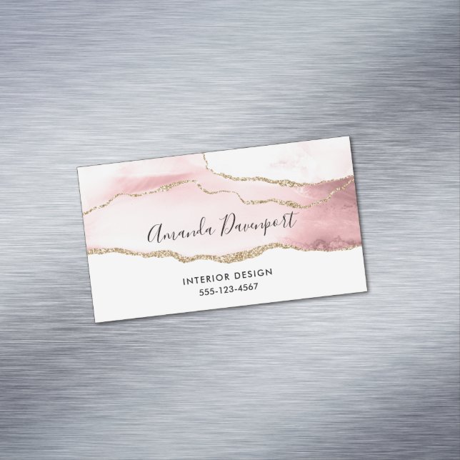 Pink Blush Agate with Gold Ribbon Elegant Business Card Magnet (In Situ)