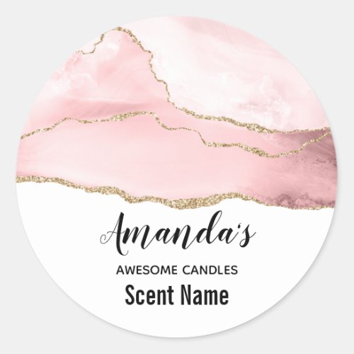 Pink Blush Agate with Gold Ribbon Elegant Candle Classic Round Sticker