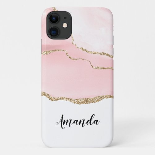 Pink Blush Agate with Gold Ribbon Elegant iPhone 11 Case