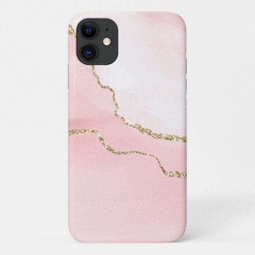 Pink Blush Agate with Gold Ribbon Elegant iPhone 11 Case