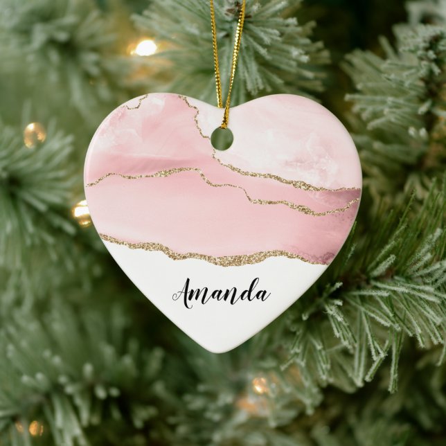 Pink Blush Agate with Gold Ribbon Elegant Ceramic Ornament (Tree)