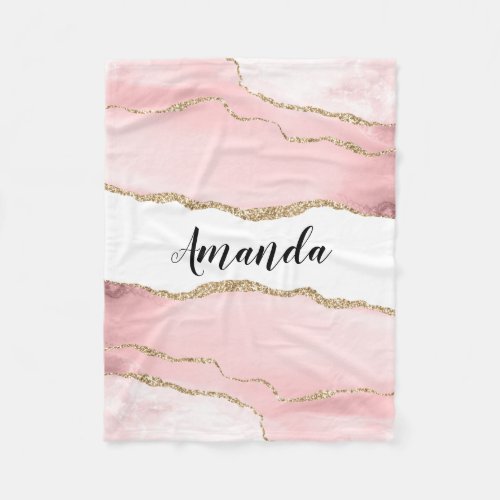 Pink Blush Agate with Gold Ribbon Elegant Fleece Blanket