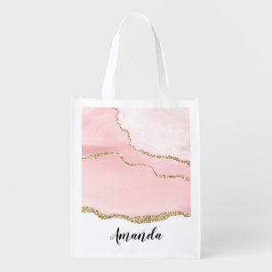 Pink Blush Agate with Gold Ribbon Elegant Grocery Bag