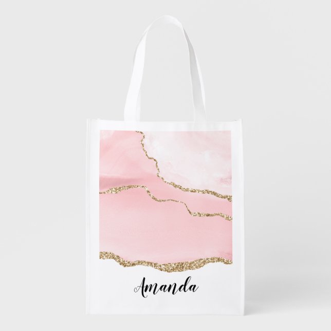 Pink Blush Agate with Gold Ribbon Elegant Grocery Bag (Front)