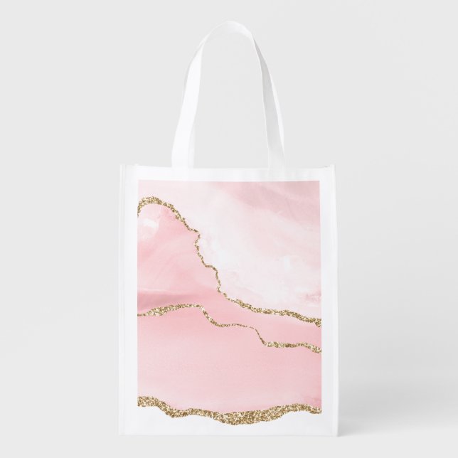 Pink Blush Agate with Gold Ribbon Elegant Grocery Bag (Front)