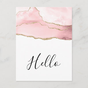 Pink Blush Agate with Gold Ribbon Elegant Hello Postcard