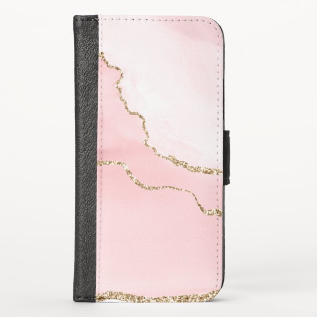 Pink Blush Agate with Gold Ribbon Elegant iPhone Wallet Case (Front)