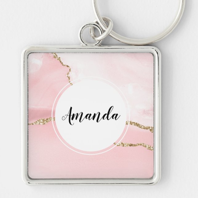 Pink Blush Agate with Gold Ribbon Elegant Keychain (Front)