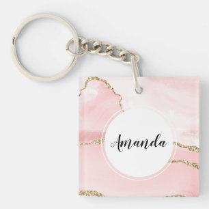 Pink Blush Agate with Gold Ribbon Elegant Keychain