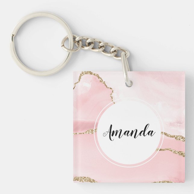 Pink Blush Agate with Gold Ribbon Elegant Keychain (Front)