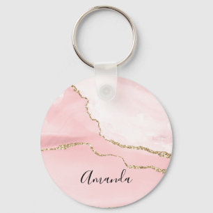 Pink Blush Agate with Gold Ribbon Elegant Keychain