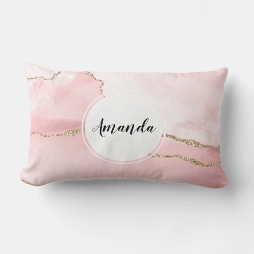 Pink Blush Agate with Gold Ribbon Elegant Lumbar Pillow