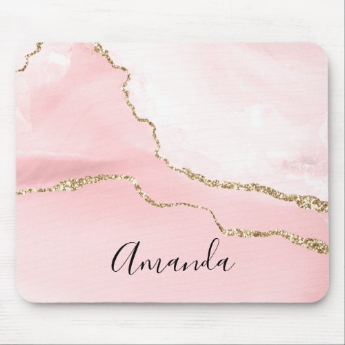 Pink Blush Agate with Gold Ribbon Elegant Mouse Pad