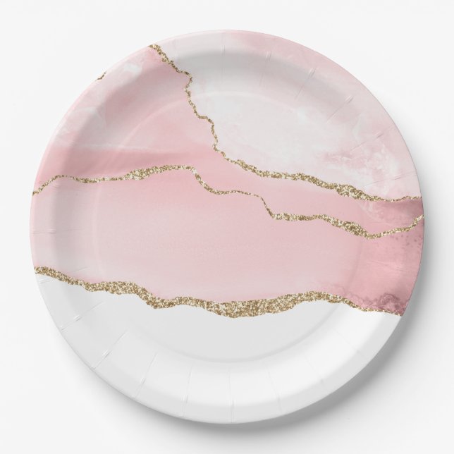 Pink Blush Agate with Gold Ribbon Elegant Paper Plates (Front)