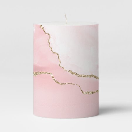 Pink Blush Agate With Gold Ribbon Elegant Pillar Candle