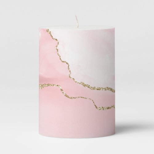 Pink Blush Agate with Gold Ribbon Elegant Pillar Candle