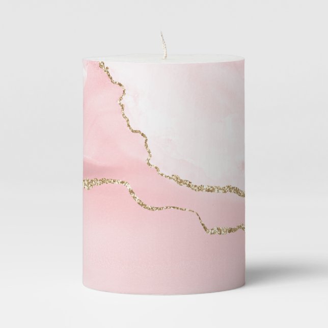 Pink Blush Agate with Gold Ribbon Elegant Pillar Candle (Front)