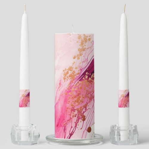 Pink Blush Agate with Gold Ribbon Elegant Pillar  Unity Candle Set