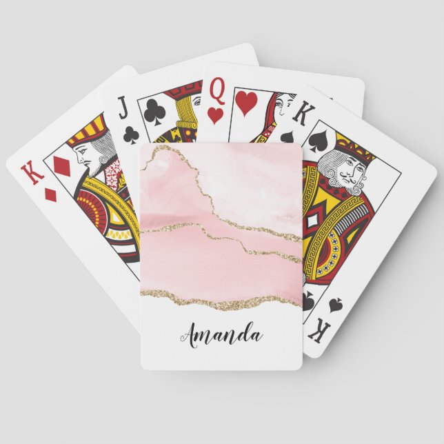 Pink Blush Agate with Gold Ribbon Elegant Poker Cards (Back)
