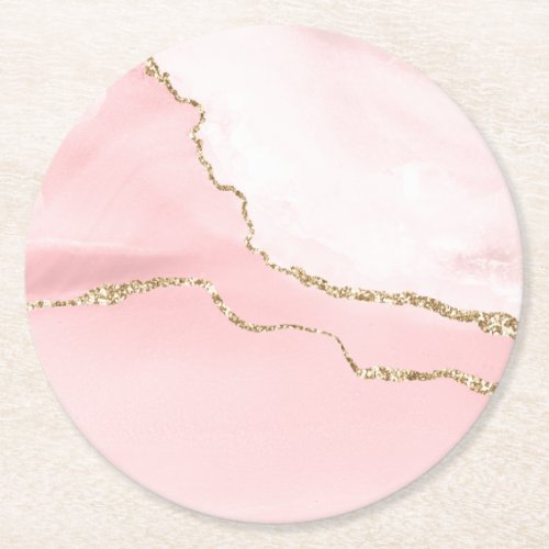 Pink Blush Agate with Gold Ribbon Elegant Round Paper Coaster