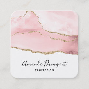 Pink Blush Agate with Gold Ribbon Elegant Square Business Card