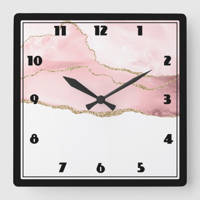 Pink Blush Agate with Gold Ribbon Elegant Square Wall Clock (Front)
