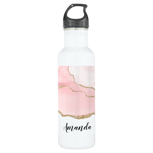 Pink Blush Agate with Gold Ribbon Elegant Stainless Steel Water Bottle (Front)