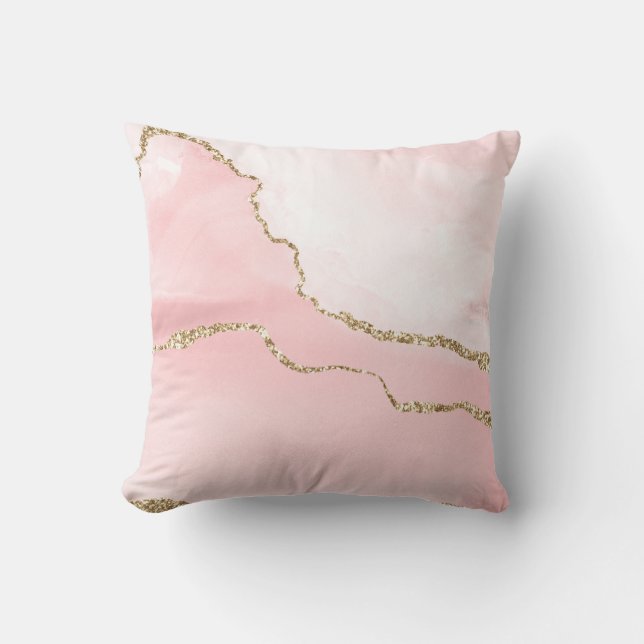 Pink Blush Agate with Gold Ribbon Elegant Throw Pillow (Front)