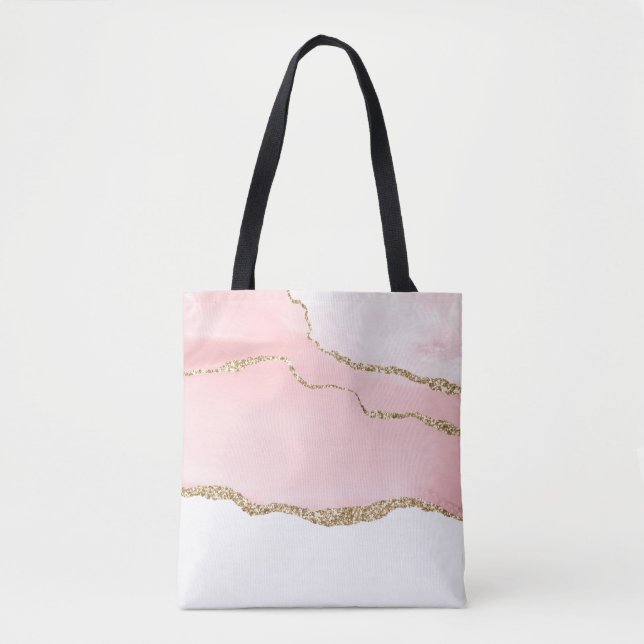 Pink Blush Agate with Gold Ribbon Elegant Tote Bag (Front)