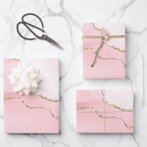 Pink Blush Agate with Gold Ribbon Elegant Wrapping Paper Sheets