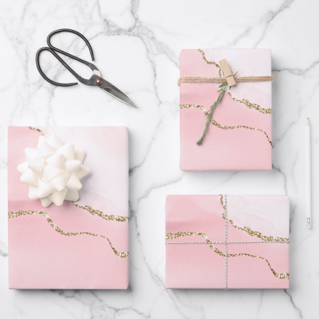 Pink Blush Agate with Gold Ribbon Elegant Wrapping Paper Sheets (Front)
