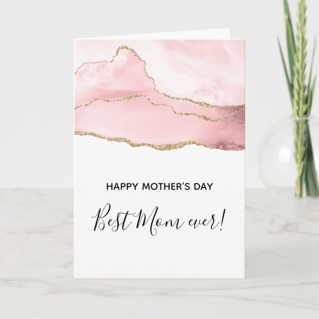 Pink Blush Agate with Gold Ribbon Mother's Day Card (Front)
