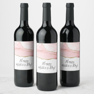 Pink Blush Agate with Gold Ribbon Mother's Day Wine Label