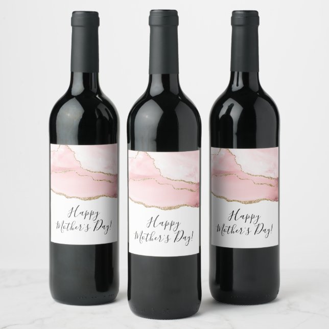Pink Blush Agate with Gold Ribbon Mother's Day Wine Label (Bottles)