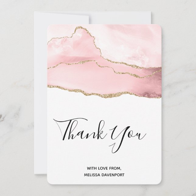 Pink Blush Agate with Gold Ribbon Thank You Card (Front)