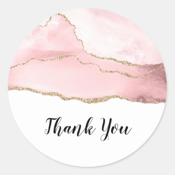 Pink Blush Agate With Gold Ribbon Thank You Classic Round Sticker by Mirribug at Zazzle