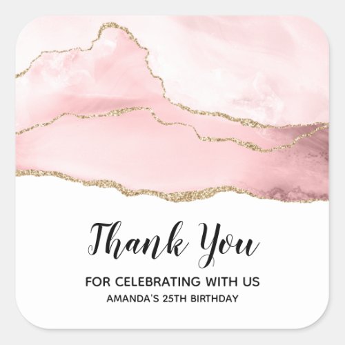 Pink Blush Agate with Gold Ribbon Thank You Party Square Sticker