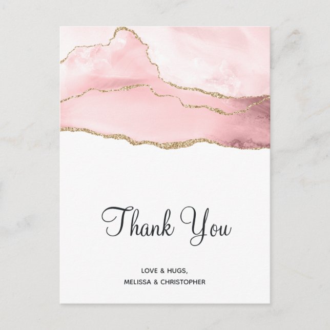 Pink Blush Agate with Gold Ribbon Wedding Thanks Postcard (Front)