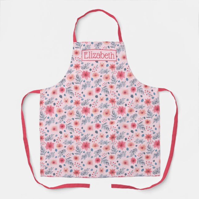 Pink, Blush, and Blue Watercolor Floral Apron (Front)
