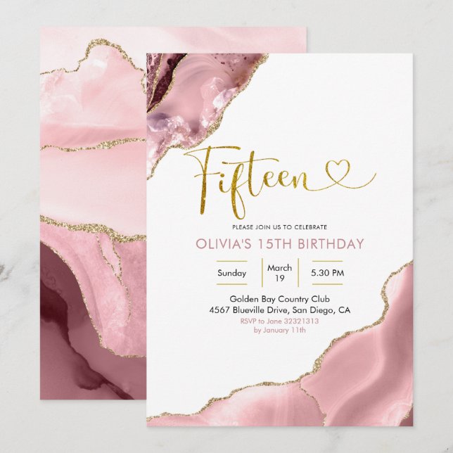 Pink Blush and Gold Agate Fifteen Birthday Invitation (Front/Back)
