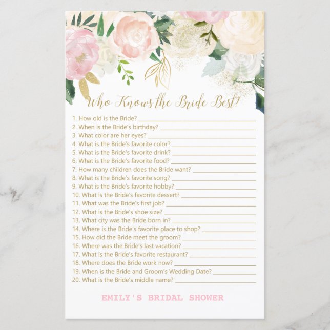 Pink Blush and Gold Bridal Shower Game PRINTED (Front)
